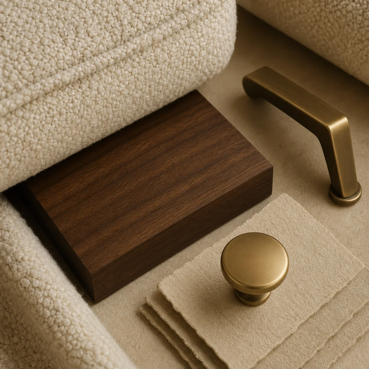 Sample bouclé, walnut and brass material detail